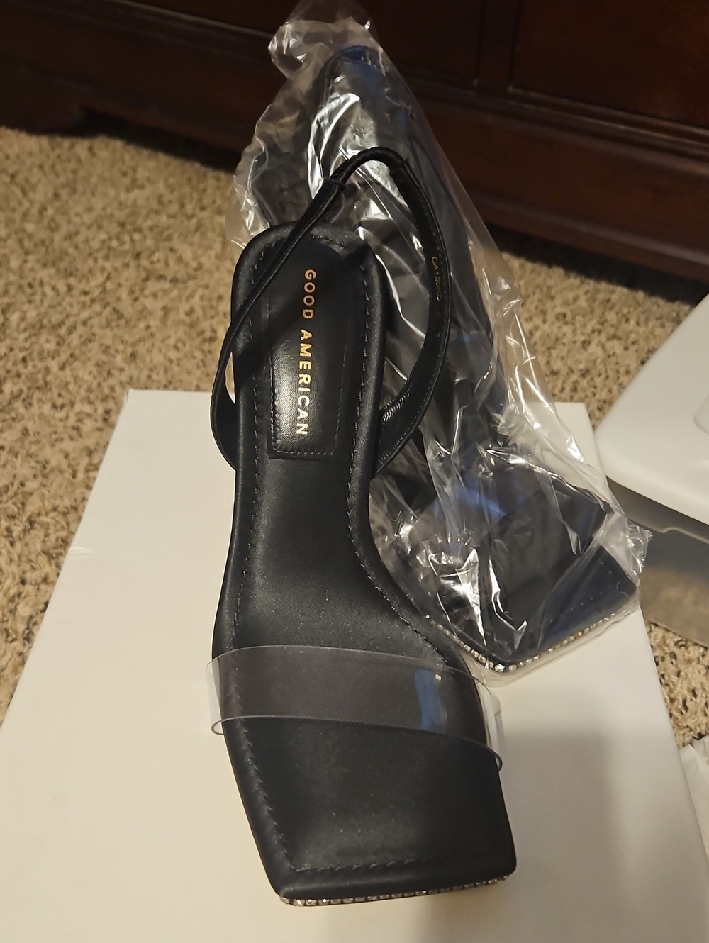Good American Black Slingback Heels with Clear Toe Strap WITH BOX